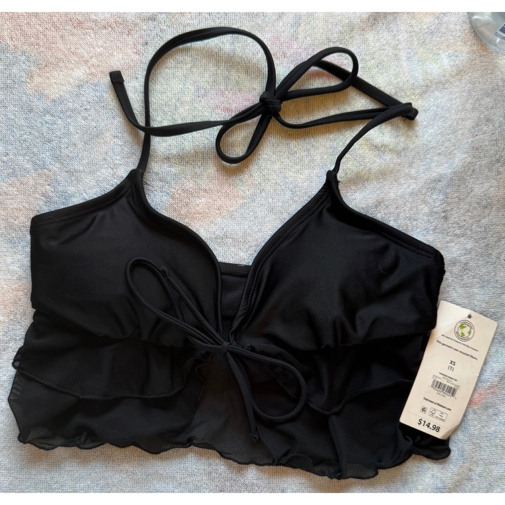 No Boundaries Rich Black Mesh Ruffle Halter Swim Bikini Top XS NWT - Picture 2 of 5